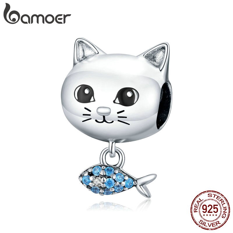 Hạt charm Bamoer bsc226 chất liệu bạc sterling 925 hình cá và mèo xinh xắn dùng làm vòng tay