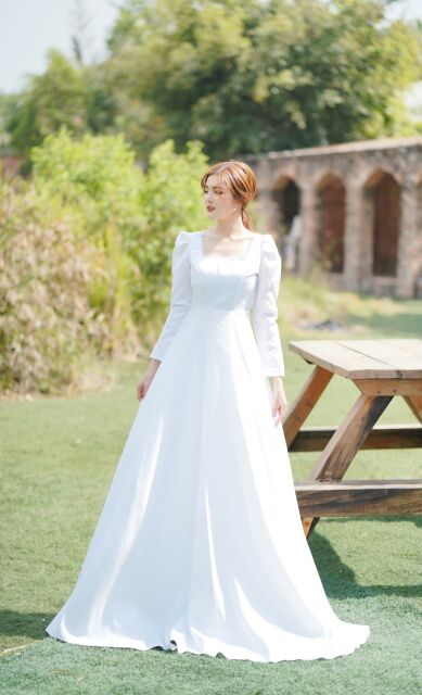 (free chỉnh sửa váy) đầm dạ hội trắng cổ vuông tay dài váy xòe đầm cưới cô dâu chụp ảnh cưới Hàn Quốc đính hôn