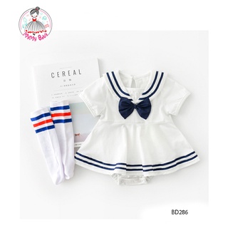 Body váy nơ thủy thủ viền đen có chip bên trong chất thun cotton dễ thương cho bé 3-13kg,Quần áo trẻ em, Quần áo bé gái
