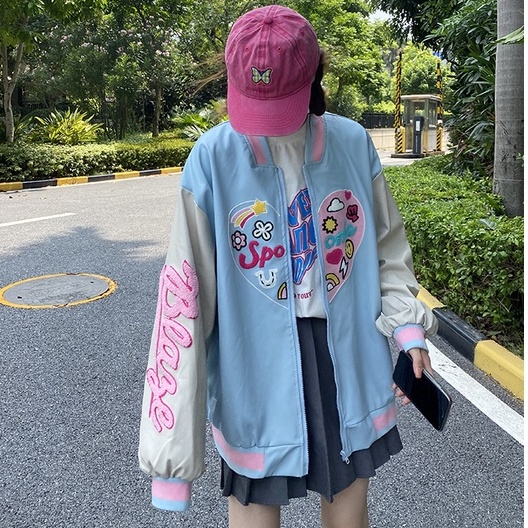 Áo bomber nữ form rộng thêu họa tiết trái tim áo khoác bóng chày thời trang ulzzang