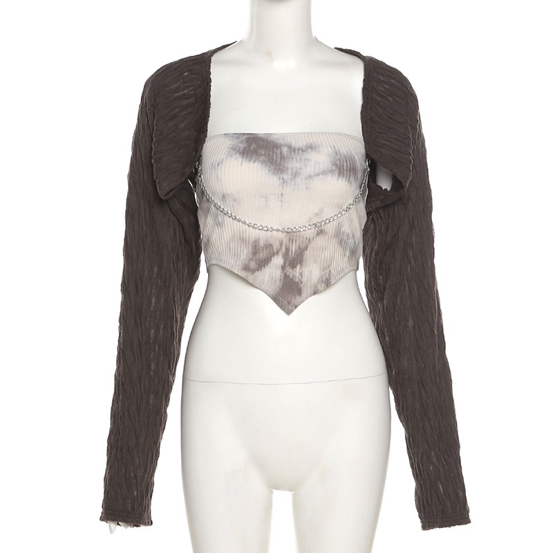 DUNEA Set Áo Croptop Dài Tay + Áo Khoác Cộc Tay Màu Nhuộm Thời Trang Cho Nữ