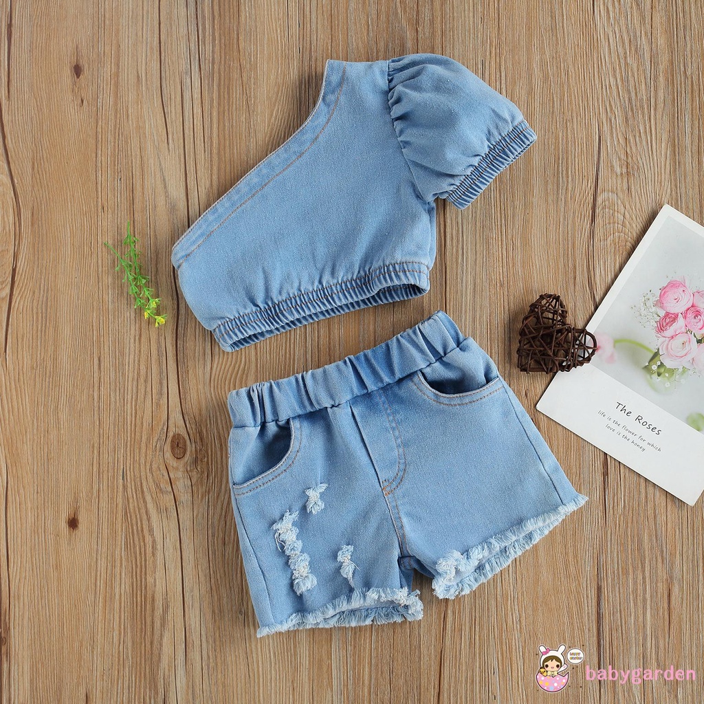 Áo Crop Top Hở Vai Có Túi + Quần Short Denim Cho Bé Gái