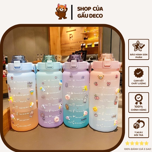 Bình nước 2 lít chia vạch siêu kute [FREESHIP]  Báo giờ uống nước dễ thương cute thể thao có ống hút