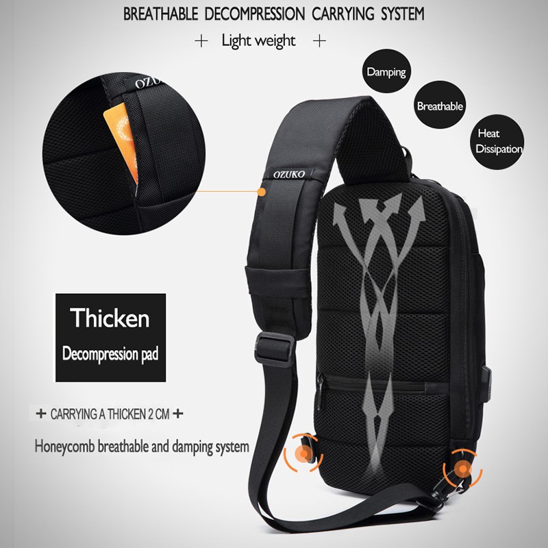 Túi đeo chéo OZUKO không thấm nước chống trộm có cổng USB thời trang cho nam