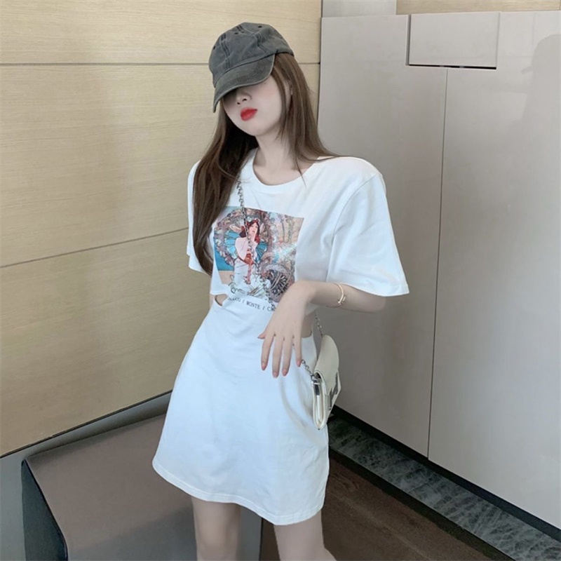 Váy IELGY tay ngắn cổ tròn in họa tiết thời trang cho nữ