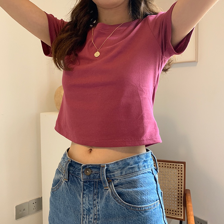 NUZIRO  Áo thun croptop  ngắn tay cổ tròn vải cotton co giãn thoải mái 8 màu lựa chọn thời trang hè cho nữ