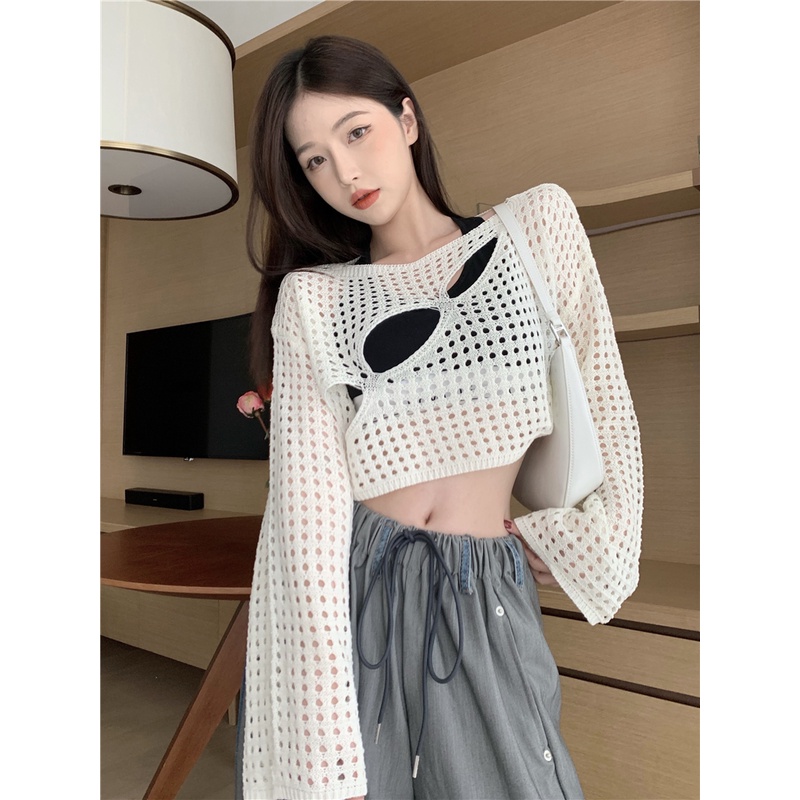 NUZIRO Áo kiểu  dệt kim tay dài dáng rộng ngắn chống nắng thiết kế rỗng ngọt ngào cho nữ