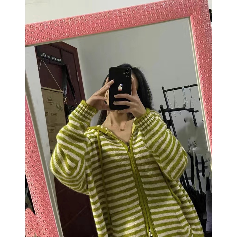 Áo khoác hoodie len dệt kim kẻ ngang dày dặn thiết kế mới thu đông 2023