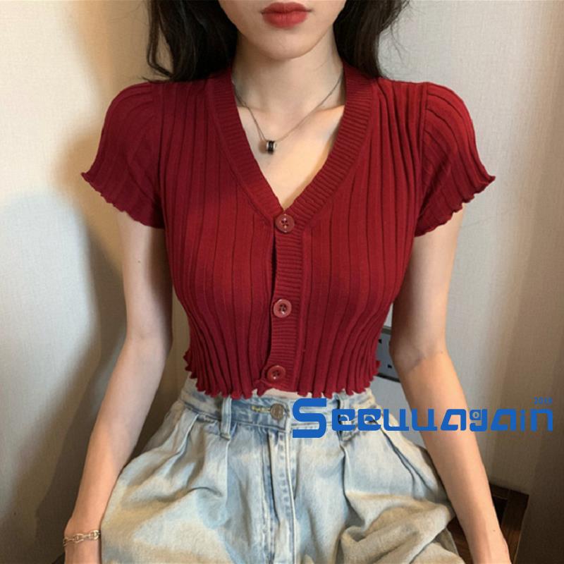 Áo Dệt Kim Tay Ngắn Thiết Kế Cổ Chữ V Thanh Lịch | BigBuy360 - bigbuy360.vn