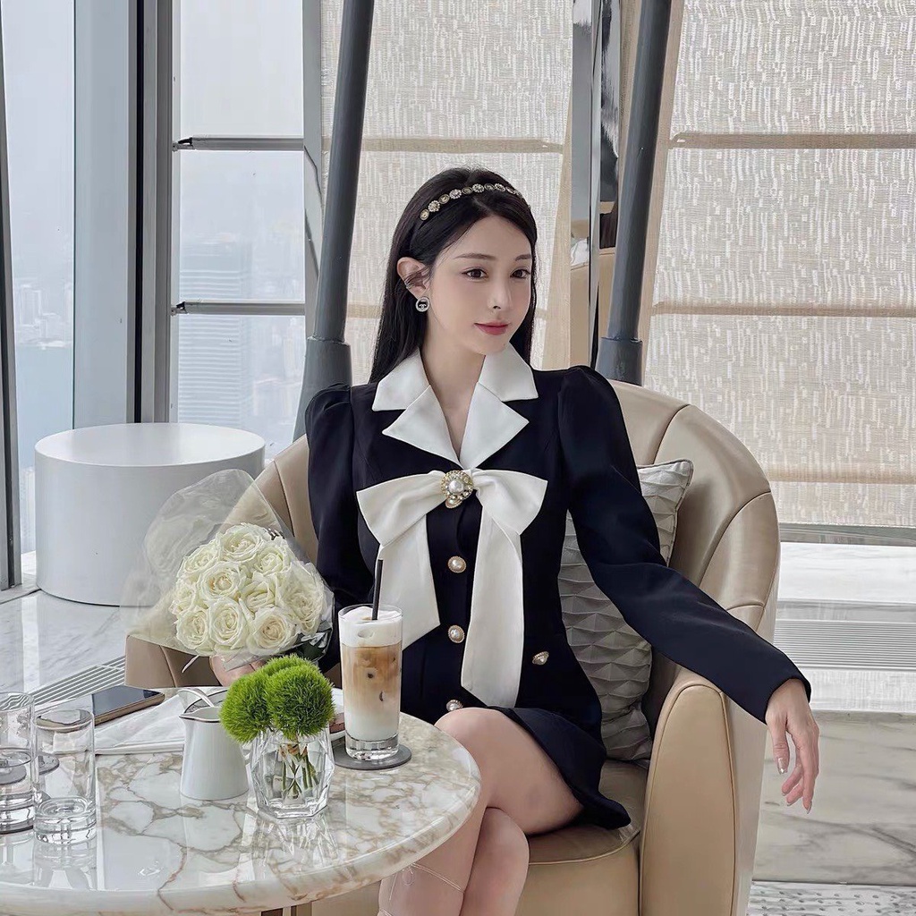 Đầm vest thắt nơ sang chảnh gam màu đen trắng