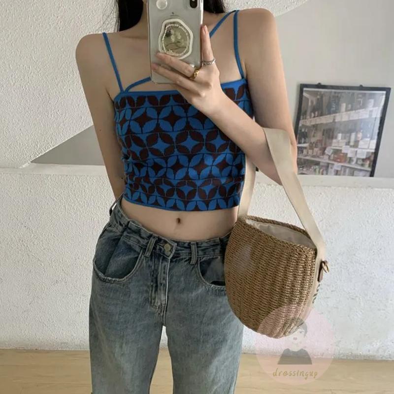 Áo Hai Dây Dệt Kim Họa Tiết Hình Học Màu Tương Phản Cho Nữ