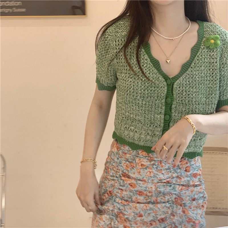 Áo Len Cardigan Tay Ngắn Cổ Chữ V Màu Xanh Lá Phong Cách Hàn Quốc Dễ Phối Đồ