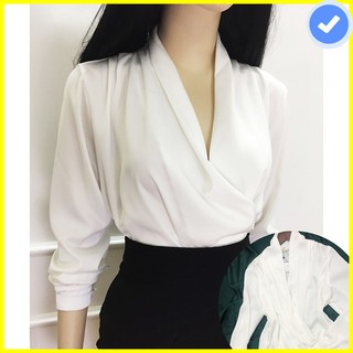 Áo lụa vạt chéo trắng💖dài tay💖Áo trắng đắp vạt