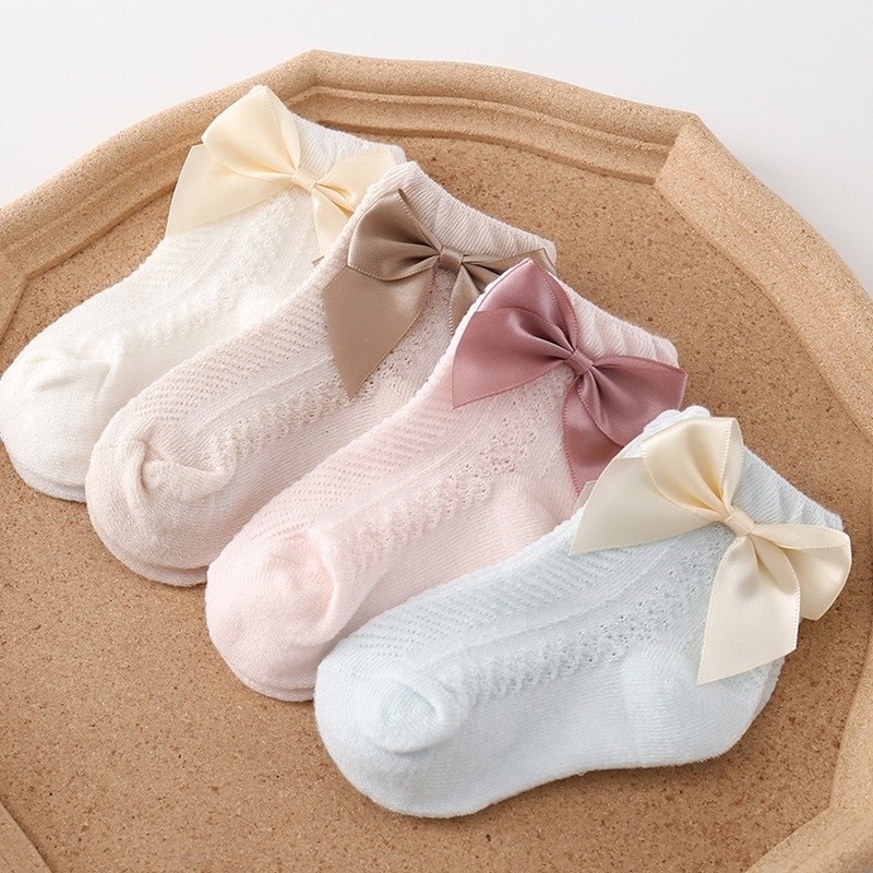 1 Đôi Vớ Cotton Mỏng Phối Lưới Đính Nơ Thời Trang Mùa Hè Cho Bé Gái