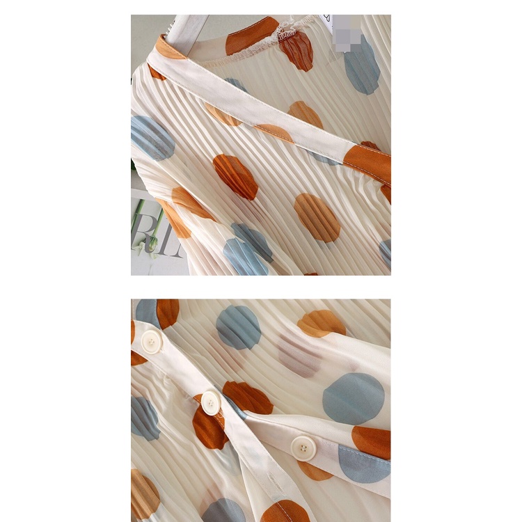 Áo Sơ Mi Chiffon Mỏng Tay Phồng Cổ Chữ V Dáng Rộng Họa Tiết Chấm Bi Xinh Xắn Cho Nữ