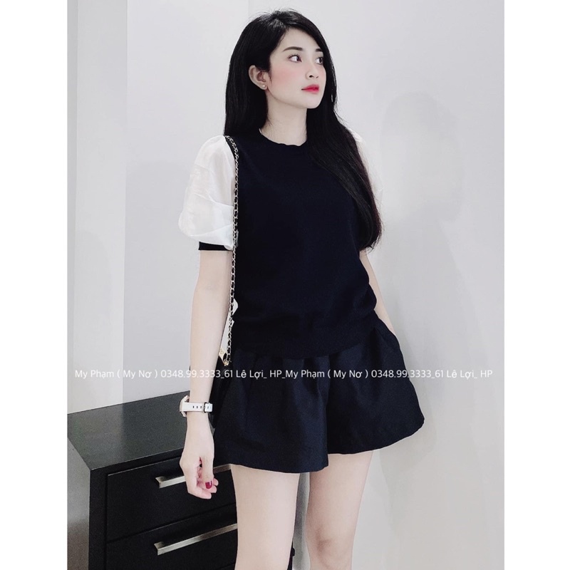 BÁN SỈ ÁO LEN CỔ TRÒN PHA TAY VOAN 2 MÀU ĐEN KẺ CHO NỮ | BigBuy360 - bigbuy360.vn