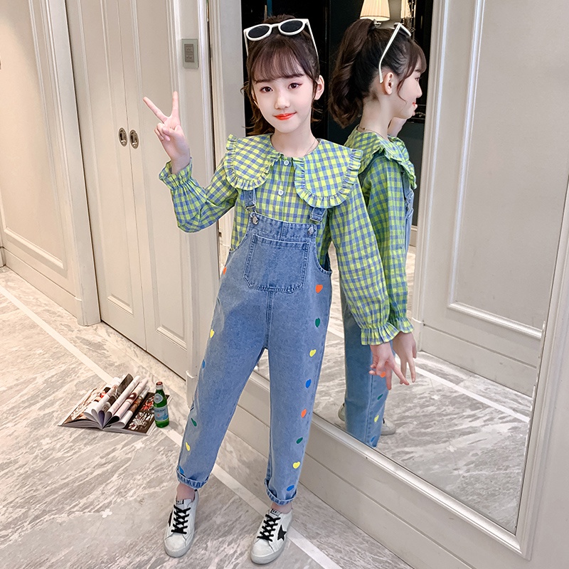Set yếm jean kết hợp áo sơ mi cho bé gái (HÀNG ORDER)