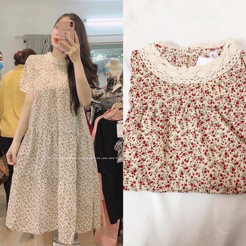 Váy bầu Chicmom hoa nhí cổ ren mùa hè ngắn tay thiết kế xinh xắn Vintage V102