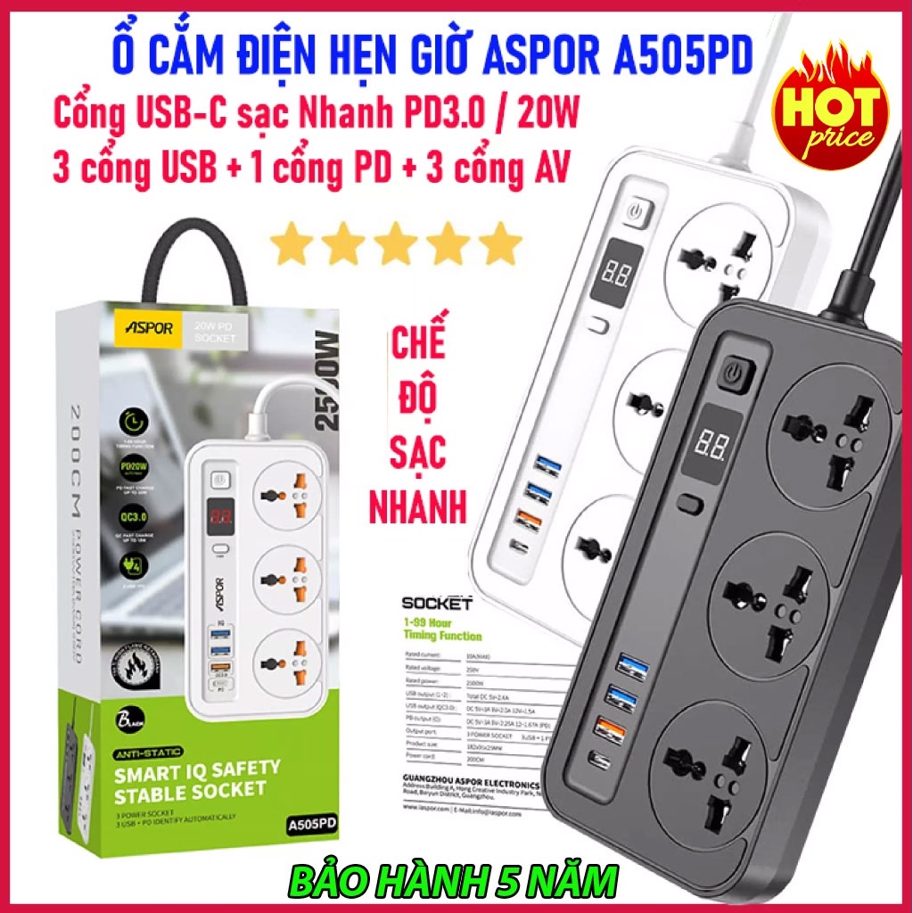 ✅𝙈𝙖̂̃𝙪 𝙈𝙤̛́𝙞✅Ổ Cắm Điện Hẹn Giờ ASPOR A505PD Có Cổng PD 40W, Ổ Cắm Điện Thông Minh, Đa Năng, Chống Giật Cao Cấp