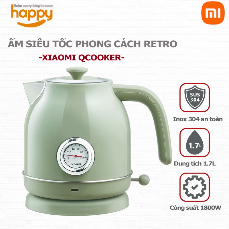 Ấm siêu tốc Xiaomi Qcooker QS-1701 cao cấp phong cách Retro kèm đồng hồ đo nhiệt độ