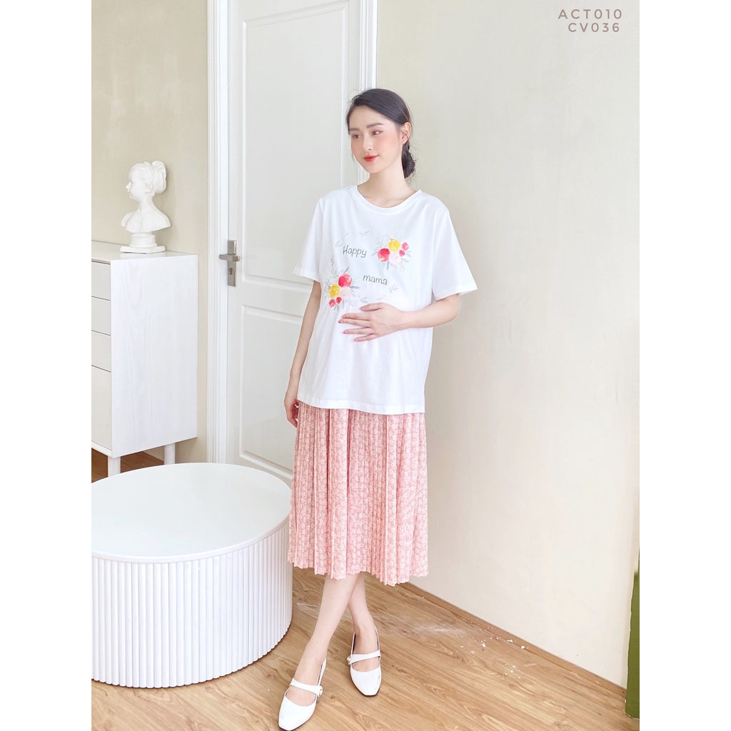 MEDYLA - Áo phông thun cotton cho bầu thoải mái mặc trong và sau sinh mặc kèm chân váy hoa xếp ly - ACT010
