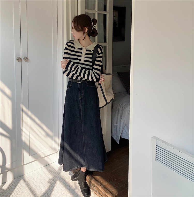 Bộ Áo Sơ Mi Kẻ Sọc + Chân Váy Denim Dài Lưng Cao Xinh Xắn Theo Phong Cách Retro Hàn Quốc | BigBuy360 - bigbuy360.vn