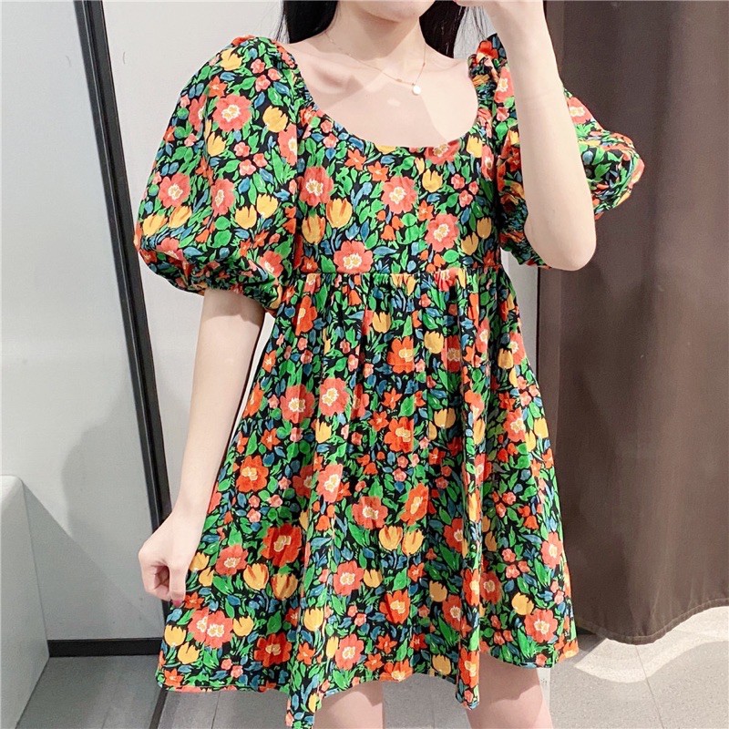 Váy hoa babydoll tay phồng