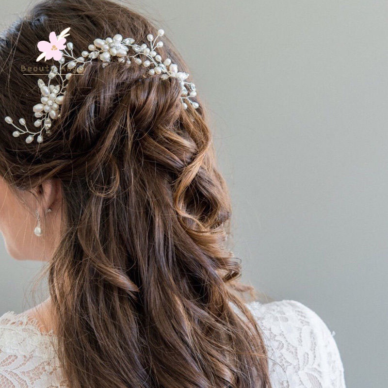 Trâm Cài Tóc Hình Hoa Đính Ngọc Trai Pha Lê Cho Cô Dâu