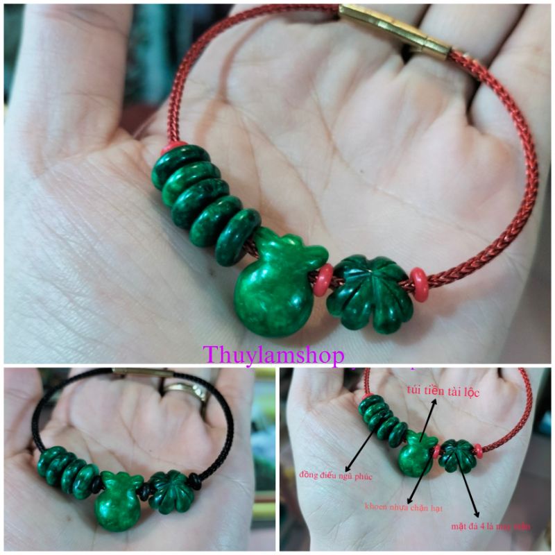 Vòng tay nam nữ tam tài lộc mic đồng ngũ điếu, túi tiên và mặt 4 lá may mắn