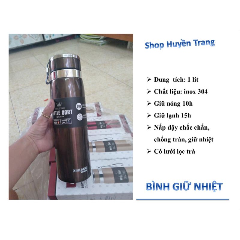 (Giữ nhiệt đến 12h) BÌNH GIỮ NHIỆT INOX 304, cấu trúc 2 lớp, dung tích 1000ml