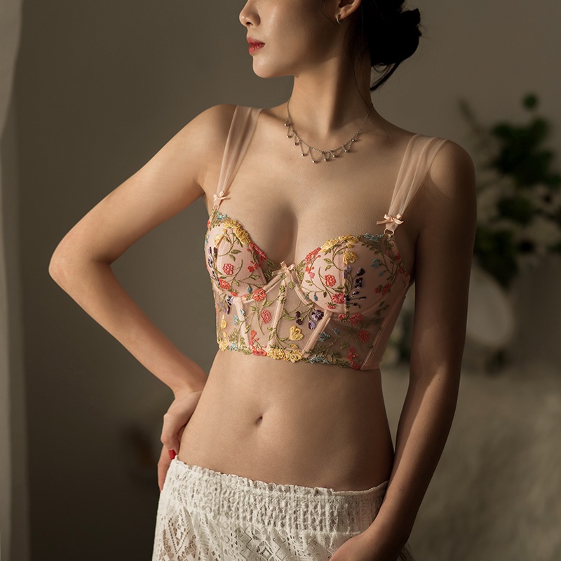 Hàng Cao Cấp Áo Corset Vintage Thêu Hoa Dáng Bra Cổ Điển Đệm Mỏng Có Gọng Nâng Ngực Sexy Lace Bra Đồ Lót Áo Lót Ren Nữ A210321