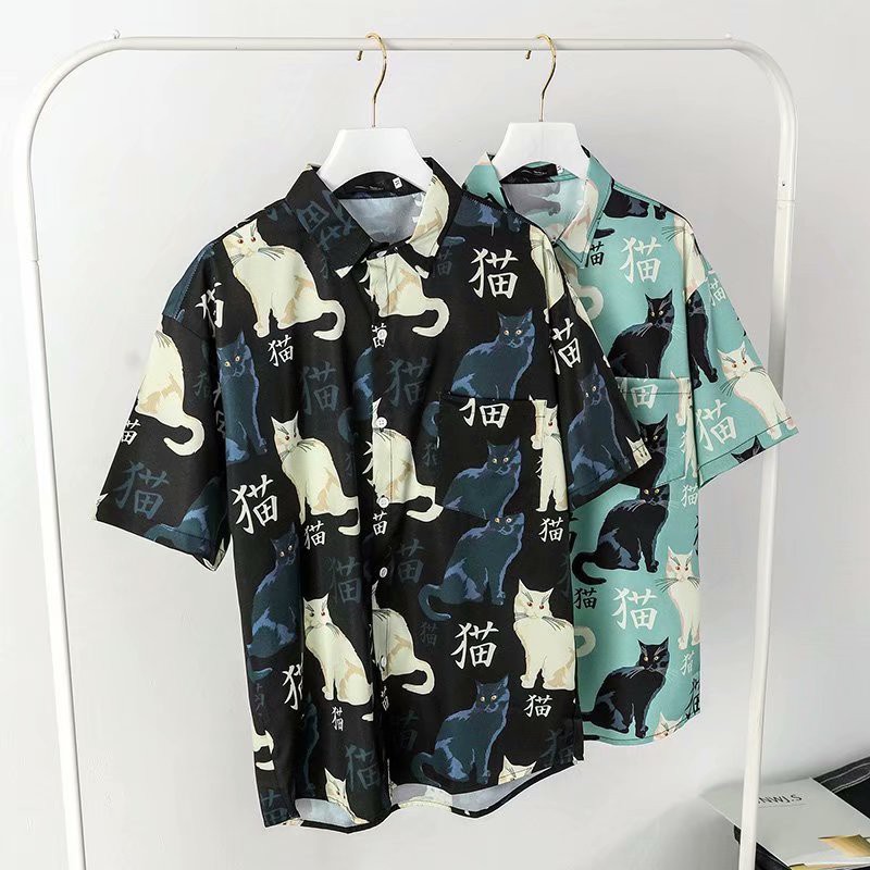 Áo Sơ Mi Nam Tay Ngắn In Hình Mèo Phong Cách Hawaii