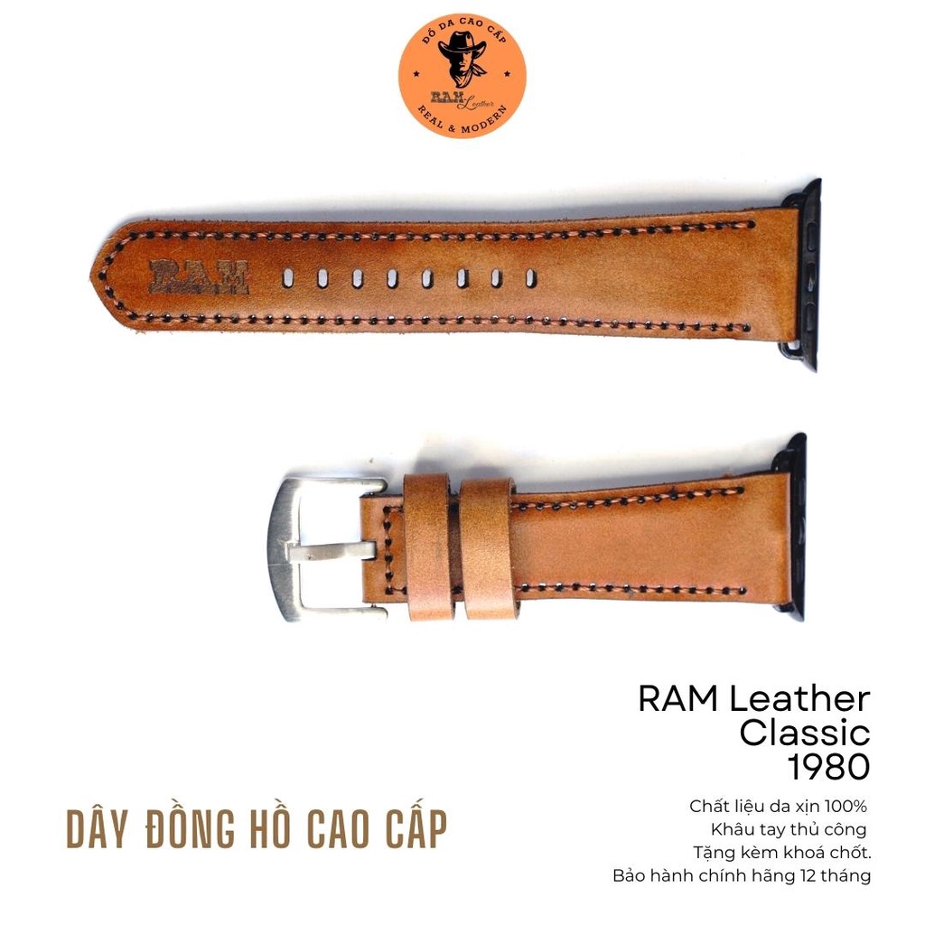 Dây đồng hồ Apple Watch , Iwatch , Iphone Watch Da Bò Nâu Đỏ RAM Leather Classic 1980  Bền Đẹp