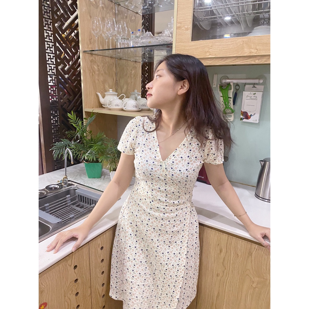 Váy liền nữ ngắn tay thắt nơ, vải xô muslin
