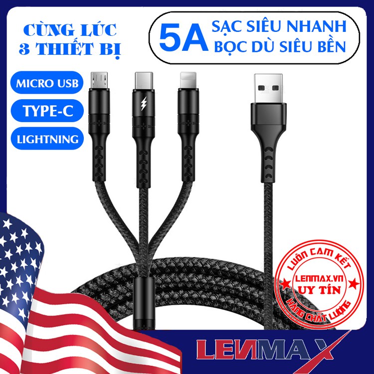 Cáp sạc đa năng 5A cao cấp 3 in 1 LENMAX, dây cáp sạc đa năng, 1 dây 3 đầu sạc Lightning - Micro USB - Type-C.