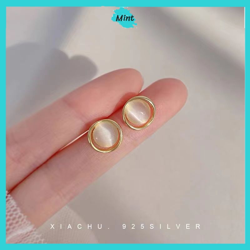 Bông Tai Đá Mắt Mèo Khoen Tròn ❤️KHÔNG GÂY DỊ ỨNG❤️ Khuyên Tai Nữ Chuôi bạc S925 Sang Chảnh Phong Cách Hàn Quốc