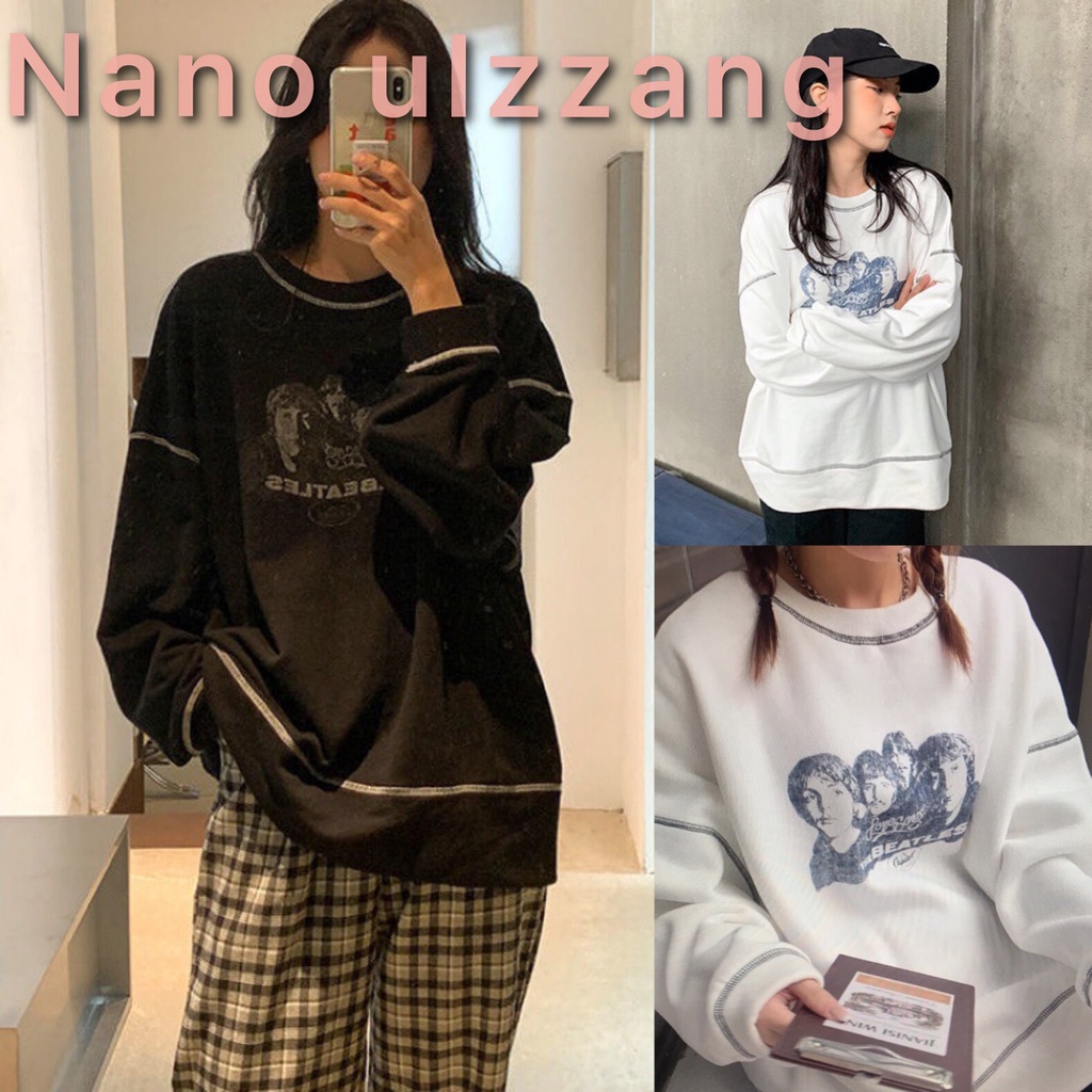 Áo sweater nữ form rộng chỉ nổi in hình ngực BEATLES ⚡ Áo sweater nỉ nam nữ thu đông unisex basic_Nano Ulzzang