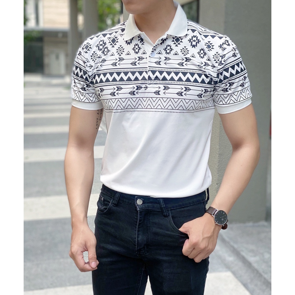 Áo thun POLO trắng in hoa văn Form slimfit ôm