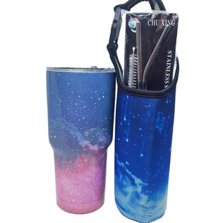 Ly giữ nhiệt 900ml galaxy xanh hồng kèm túi + 2 ống hút + cọ rửa