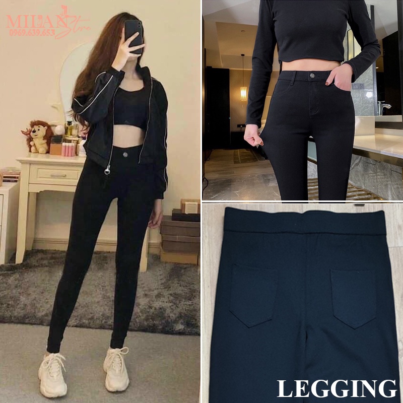 Quần legging đen nữ dài trơn ôm body cạp lưng cao 1 khuy có túi nâng mông gen bụng dáng quần tregging vải umi dày co dãn