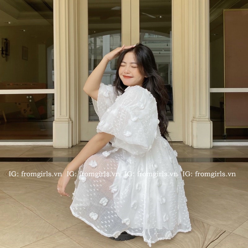 Váy babydoll hoa nổi, đầm trễ vai babydoll tay phồng tiểu thư ulzzang - V81