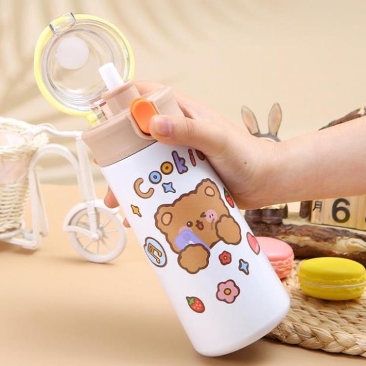 Bình giữ nhiệt nóng lạnh, dung tích  550ml, Nắp bật chống rò rỉ, Có ống hút, Inox 304 an toàn cho bé - TẶNG STICKER 2D