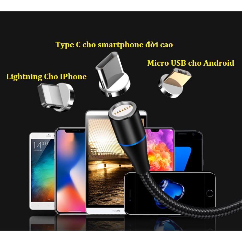 Dây cáp sạc nam châm hỗ trợ sạc nhanh QC 3.0, truyền dữ liệu 7 chân sạc đầu Iphone | Micro USB | Type C xoay 360 độ