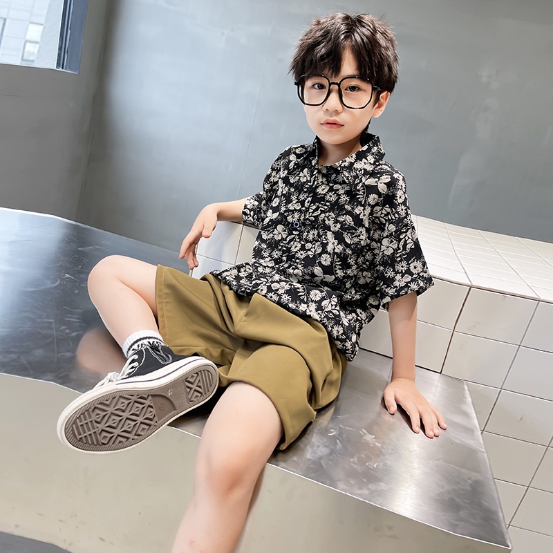 Bộ short sơ mi chữ quần đen bé trai SM2201