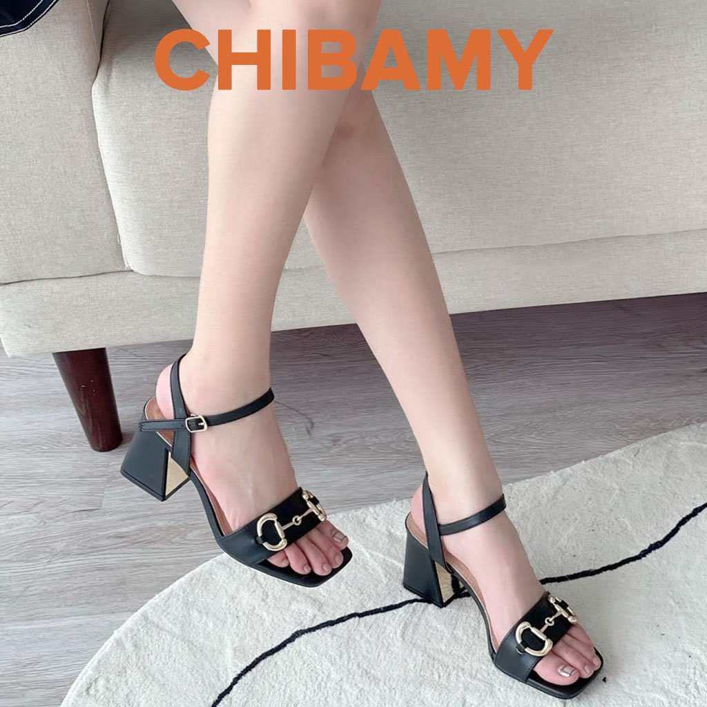 Giày Sandal cao gót nữ GuC chất da mềm CHIBAMY, dép quai hậu nữ gót vuông cao 7cm