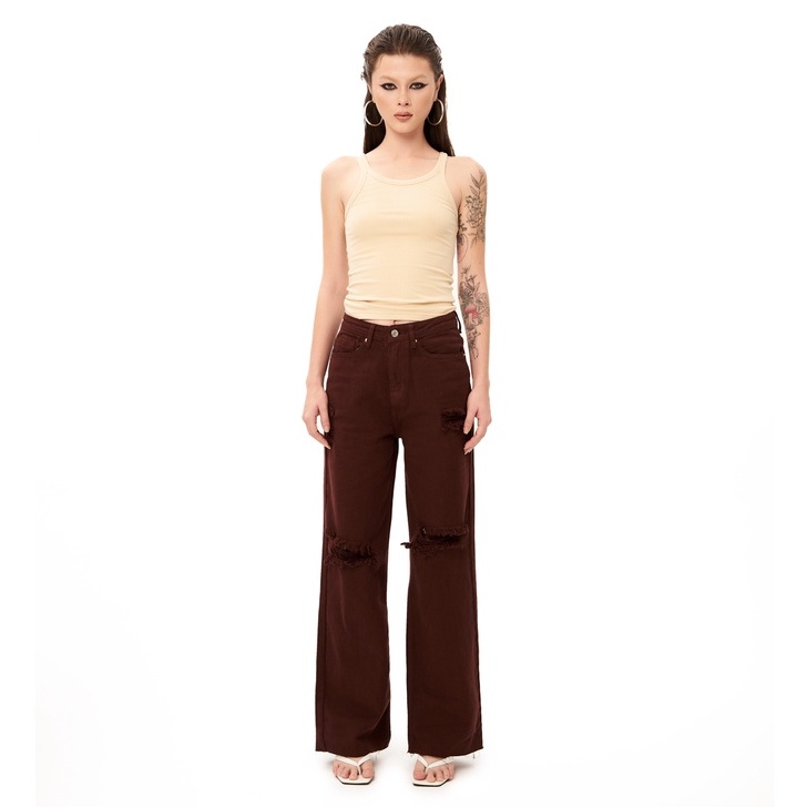 Quần jeans nữ rách gối nhẹ màu đỏ đô, là min - RIPPED WIDE LEG JEANS - MULBERRY