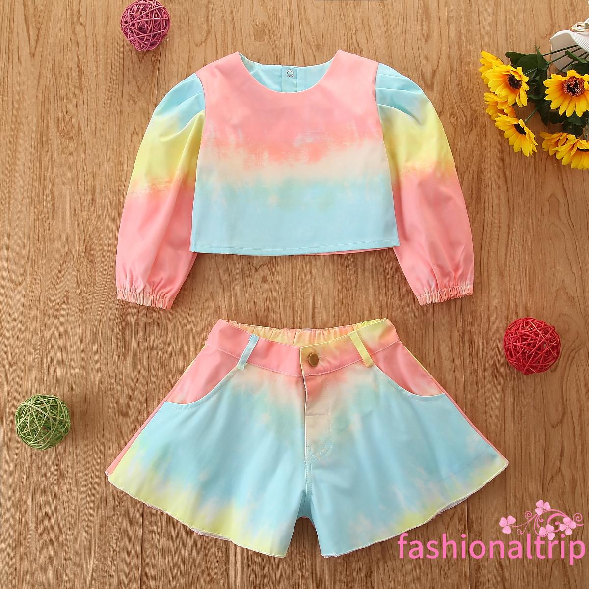 Bộ Áo Croptop Tay Phồng Cổ Tròn Nhuộm Màu + Quần Short Thời Trang Mùa Hè Cho Bé Gái %0020