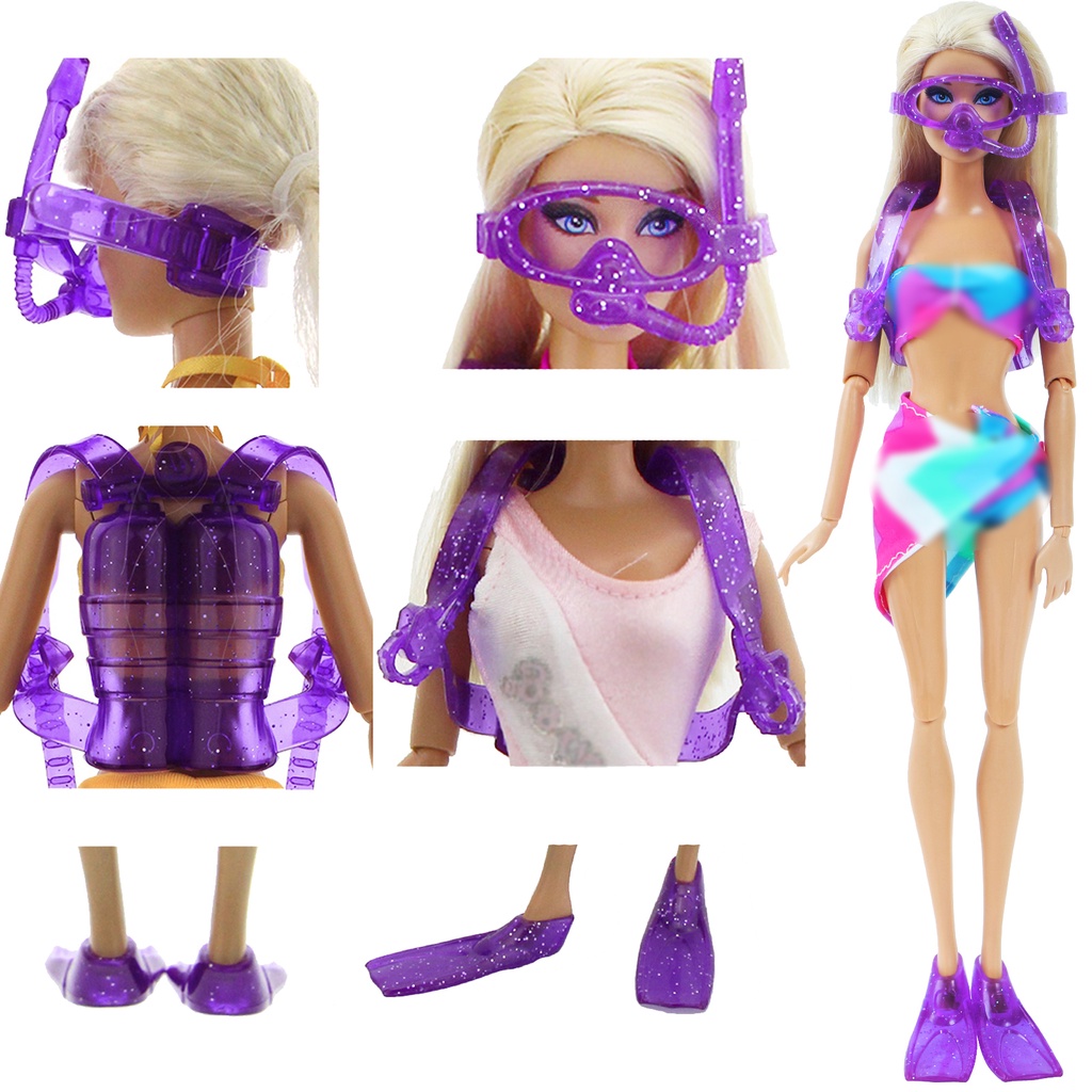 Thiết Bị Lặn Cho Búp Bê Barbie Phụ Kiện Màu Tím Đi Biển Đồ Bơi Lặn Bình Oxy Flippers Kính Bơi Quần Áo Đồ Chơi