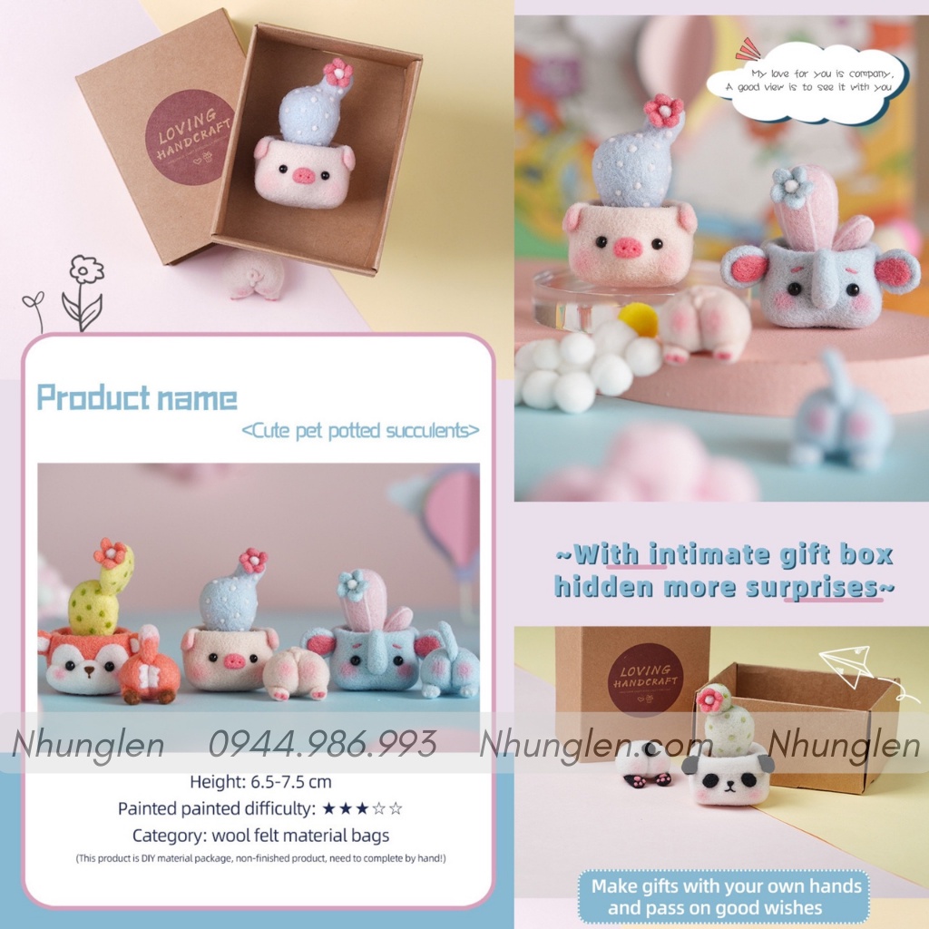 [NEW] Bộ len chọc Chậu Cây Thú Cưng 6 bé, có hướng dẫn, quà tặng handmade ý nghĩa - Needle felting Pet