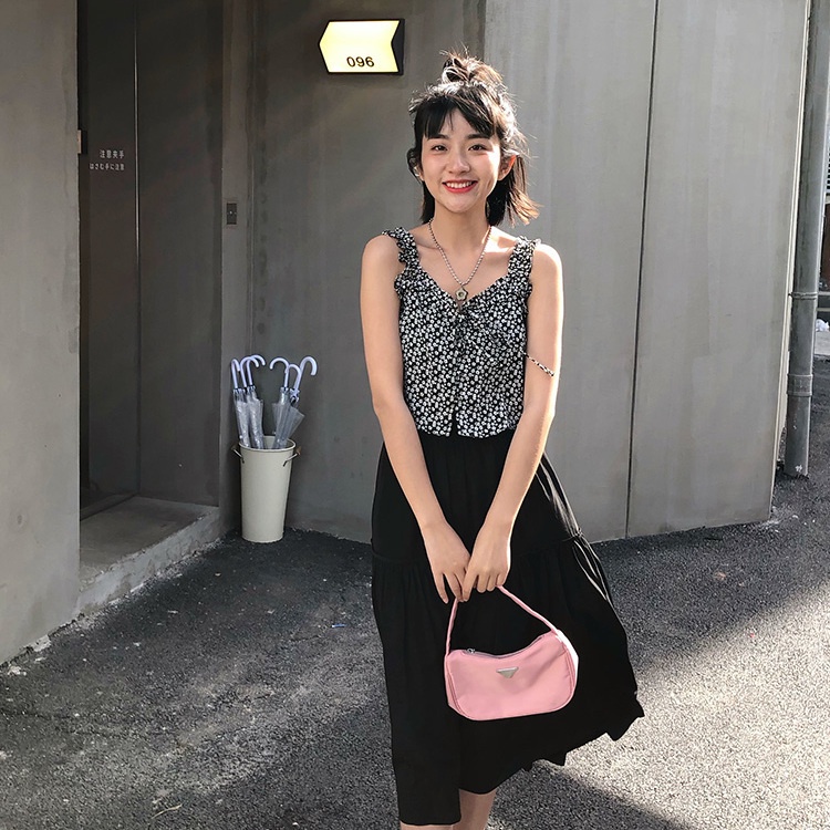 Áo hai dây cổ chữ V in hoa màu trắng đen vải thoáng khí thời trang mùa hè cho nữ